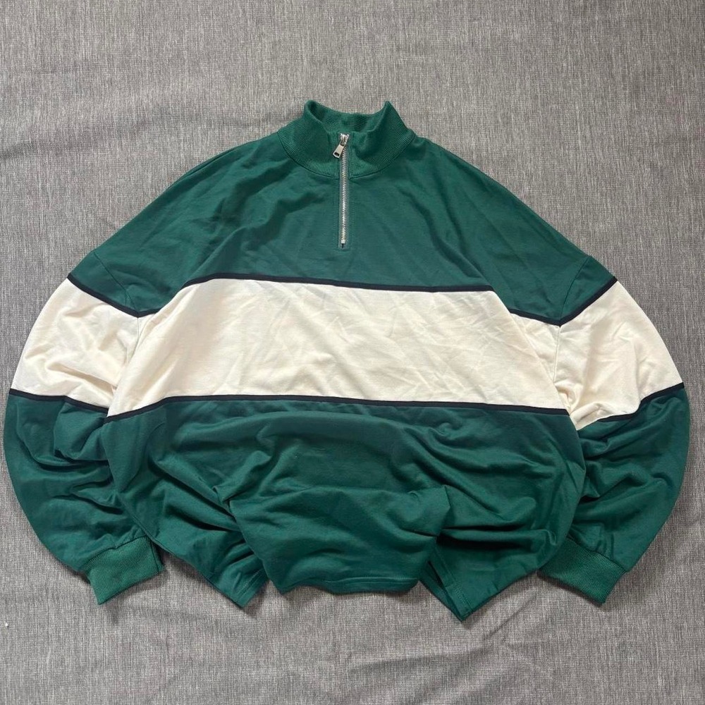 Green and white striped quarter zip sweatshirt